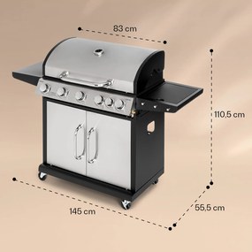 Tomahawk, gázgrill, 5 x 3,6 kW-os + 2,7 kW-os égő, 80 x 43,5 cm-es rozsdamentes acél grillsütő