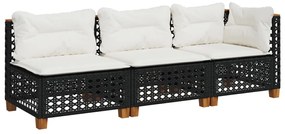 Fekete 3 személyes polyrattan kerti kanapé párnákkal