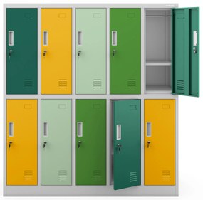 Fém szekrény, 10 rekeszes BARTUŚ, 1360 x 1500 x 450 mm, szürke-többszínű