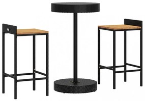 3 részes fekete polyrattan és tömör akácfa kerti bárszett