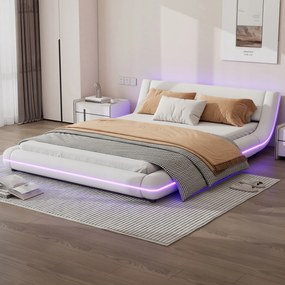 Kárpitozott franciaágy 160*200cm Lebegő ágy Pu távirányító Led Fehér