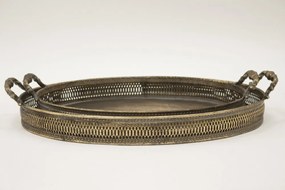 Antikolt feketített réz színű fém 2db-os tálca szett míves fogantyúval 8x46x30,5 / 8x40x27cm