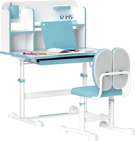 AIYAPLAY Gyerek Íróasztal és Szék Szett 3-12 Éveseknek Magasságban Állítható, Iskolai Íróasztal 45°-ban Dönthető Felsőrésszel, Fiókkal, Polccal, Ceruz