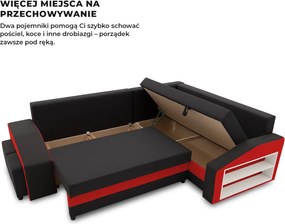 Grande sarokkanapé polcokkal és puffokkal , polc a jobb karfaban puffok a bal karfaban, jobboldali, szövet anyag, hab töltet, fekete - piros