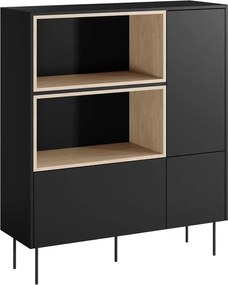 Desin magas komód 120 cm kétajtós fiókkal és nyitott polcokkal - fekete matt / nagano tölgy