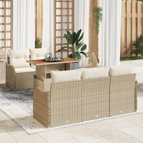 6 darabos kerti sofa készlet párnákkal bézs poli rattan akácfával, 2-személyes kerti sofa párnákkal bézs poli rattan