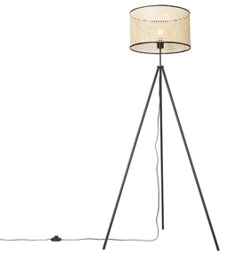 Vidéki állólámpa állvány fekete rattan ernyővel - Kata