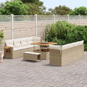 11 részes kerti kanapé szett párnákkal, bézs poly rattan akáccal, 3 részes kerti étkező szett párnákkal, bézs poly rattan akáccal