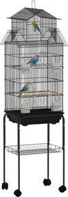 PawHut Madáretető Kerekekkel, Acél Madárház Etetőkkel, Ülőrudakkal, Hinta és Kivehető Tálca - Nagy Ketrec Papagájok, Kanárik, Hullámos Papagájok Számá