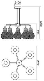 Redo 01-1580 - EDISON függőlámpa kábelen, 5xE27/42W/230V, Ø 53 cm, fekete/rézszínű