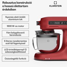 Klarstein Chiara konyhai robotgép, 1600 W, 12 beállítás, rozsdamentes acél tál, LCD kijelző, Tartozékokkal együtt