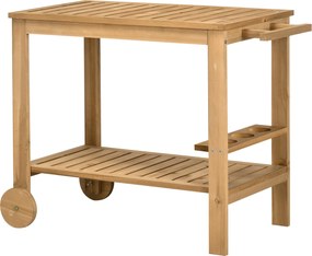 Outsunny 2-Szintes Fa Bárkocsi Szerviz Kocsi Oldalsó Fogantyúval, 3 Borosüveg Tartóval és 2 Kerekével Kert, Terasz számára 95x47x74 cm Természetes | A
