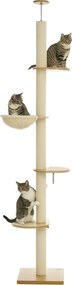 PawHut Macska Kálváriája, Mennyezetmagas Macskakaparó, 230-250 cm, Mászófa Hálóval, Állítható Magasságú Macska Kálváriája, Játszófa Dőlésszabályzó Véd
