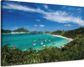 Vászonkép Nyár Hegyek Tó Csónakok Nap 120x80 cm