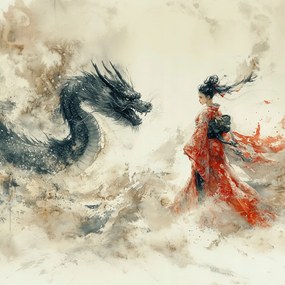 Canvas Vászonkép Japán Ázsia Fantasy Harcos Sárkány Gésa 40x40