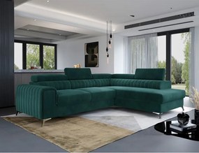 Zöld bársony kinyitható-tárolóhelyes sarokkanapé (jobb oldali-L alakú) Laurence – ELTAP