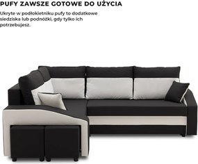 Grande sarokkanapé polcokkal és puffokkal , polc a jobb karfaban puffok a bal karfaban, baloldali, szövet anyag, bonell töltet, fekete - fehér