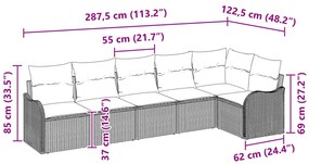 6 darabos Kert Kanapé Szett Párnákkal Világosszürke Poli Rattan, 2-személyes Kert Kanapé Párnákkal Világosszürke Poli Rattan