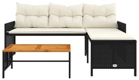 vidaXL L-alakú fekete polyrattan kerti kanapé asztallal és párnával