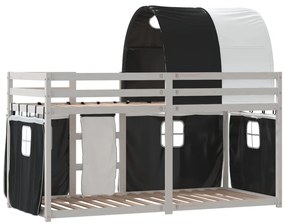 fehér/fekete tömör fenyőfa emeletes ágy függönyökkel 90x200 cm