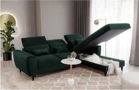 Sötétzöld bársony kinyitható-tárolóhelyes sarokkanapé (jobb oldali-heverő résszel) Foble – ELTAP
