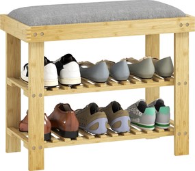 HOMCOM Bambusz Cipőpad 2 Polccal és Párnázott Üléssel 6 Pár Cipőhöz Előszobába vagy Hálószobába 60x29x49 cm Természetes és Szürke | Aosom