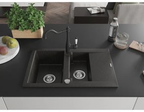 Mexen Gaspar, gránit mosogató 752x436x161 mm, 1,5 kamrás és Carla mosogató csaptelep, fekete-arany metál, 6507-75-670700-70