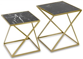 Design fém 2db-os asztal szett, márvány hatású kő asztallap 52,5x45x45/44,5x40x40cm