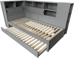 Ágy polcokkal és pótággyal, szürke, 90x200, LENDON