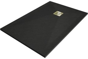 Mexen, Mexen Stone+ kompozytowy prostokątny brodzik 140 x 80 cm, czarny, zlota maskownica - 44708014-G