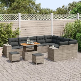 12 darabos kerti kanapé szett párnákkal, szürke poli rattan akáccal, 3 darabos kerti étkező szett párnákkal, szürke poli rattan akáccal