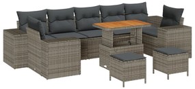 10 darabos kerti kanapé szett párnákkal, szürke poli rattan akácia, 3 darabos kerti étkező szett párnákkal, szürke poli rattan akácia