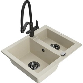 Mexen Carlos 1,5 kamrás gránit mosogató Duo konyhai csapteleppel, bézs - 6518-69-671701-70-B