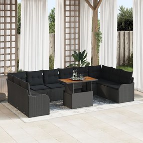 11 darabos kerti kanapé szett párnákkal fekete poly rattan, 2 fős kerti kanapé tárolóval és párnákkal fekete poly rattan