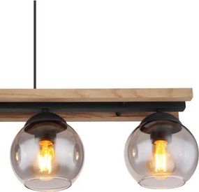 Globo 15569-4HW Függeszték fém fekete matt, fa sötétbarna, üveg füstszínű, kábel PVC fekete, magassága állítható, HxSzxM: 850x150x1200mm, 4x E27 25W 230V izzók nélkül