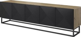 Asha RTV szekrény 200 cm - ryflowott előlap / fekete fém lábak, artisan / fekete matt