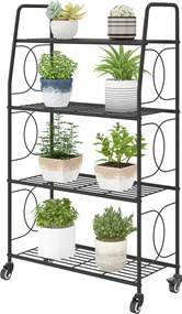 Outsunny 4 polcos fém növénytartó kerekkel és fogantyúkkal, 114 cm magas — Többrétegű virágtartó kertbe, erkélyre és lakásba (fekete) | Aosom