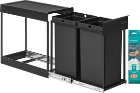 Beépíthető konyhai szemetes szelektív hulladékgyűjtéshez, 2 x 15 L dupla rekeszes, fekete