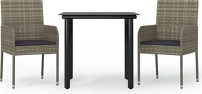 vidaXL 3 részes fekete és szürke polyrattan kerti étkezőszett párnával