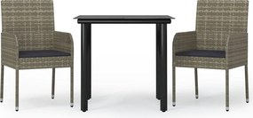vidaXL 3 részes fekete és szürke polyrattan kerti étkezőszett párnával