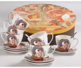 P.P.W3S18-35678 Porceláncsésze+alj 6 személyes,kanállal, 225ml, Mucha:Topáz,fehér