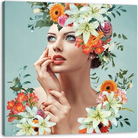 Vászonkép Gyönyörű Nő Virágok Portré 50X50 cm Ideális ajándék