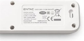 Elosztósor, 3 aljzat, 1,5 m, USB, kapcsolóval, ENTAC, fehér (ENTEL3K1U)