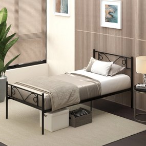 HOMCOM Egyszemélyes Fém Ágykeret 31 cm 90x190 cm-es Matrachoz Pillangó Fejtámlával - Ágykeret Tárolóhellyel 95x196x100 cm Fekete | Aosom