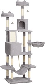 PawHut Macska Kaparóoszlop Nagy Magasság 206 cm Macska Fa Szárnyakkal, Barlangokkal, Függő Labdákkal és Hintaágyakkal Világosszürke | Aosom