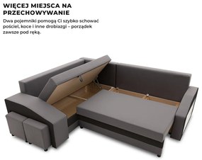 Grande sarokkanapé polcokkal és puffokkal , polc a jobb karfaban puffok a bal karfaban, baloldali, szövet anyag, hab töltet, szürke - fekete