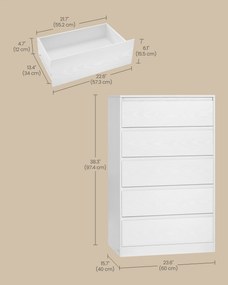 KAILYN kollekció - Modern komód, hófehér fiókos szekrény 5 fiókkal, 40 x 60 x 97,4 cm