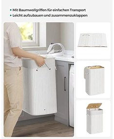 Bambusz szennyeskosár, 72L, összecsukható, téglalap alakú tárolókosár 3 fogantyúval, 40 × 30 × 60 cm, fehér