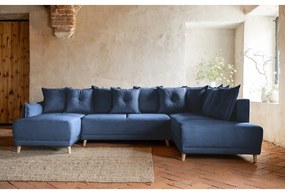 Sötétkék kordbársony kinyitható sarokkanapé (jobb oldali-U alakú) Lazy Lukka – Miuform