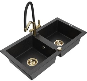Mexen Mario 2 rekeszes gránit mosogató Duo konyhai csapteleppel, fekete/ezüst metál - 6504-73-671701-57-G